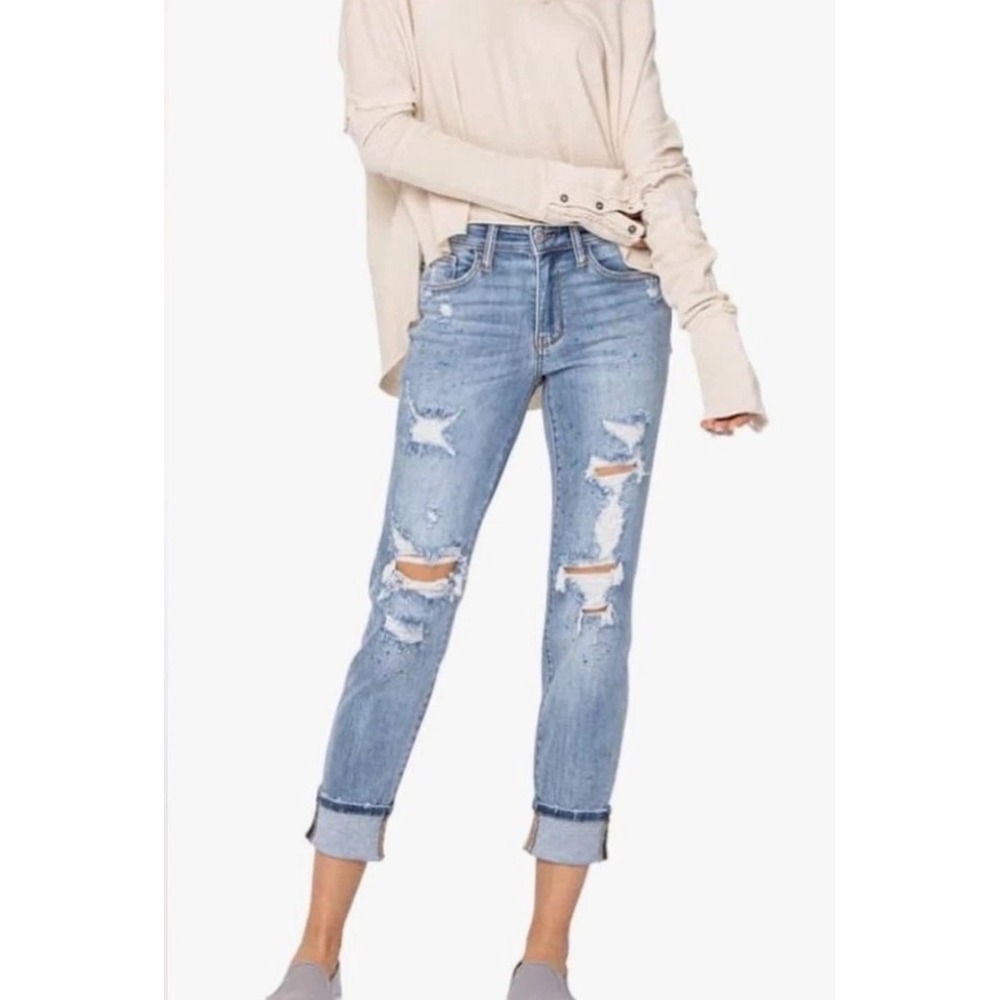 Judy Blue Boyfriend Fit Jeans 26‎ Blue Light Wash Colorful Splatter Distressed
